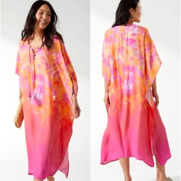Tommy Bahama Tidal Tie Dye V-Neck Long Caftan L XL Pink Cover Up Tassel Beach - Picture 11 of 14